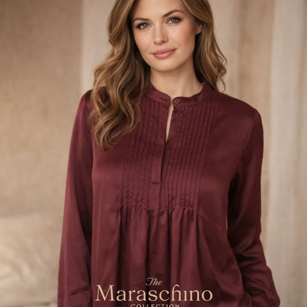 Oleg Cassini Maroon Pleated Satin Blouse | Size L